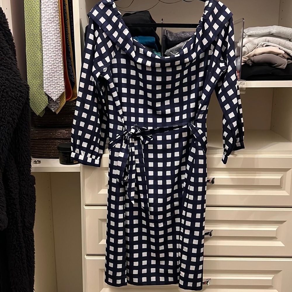 Navy/White check off the shoulder dress